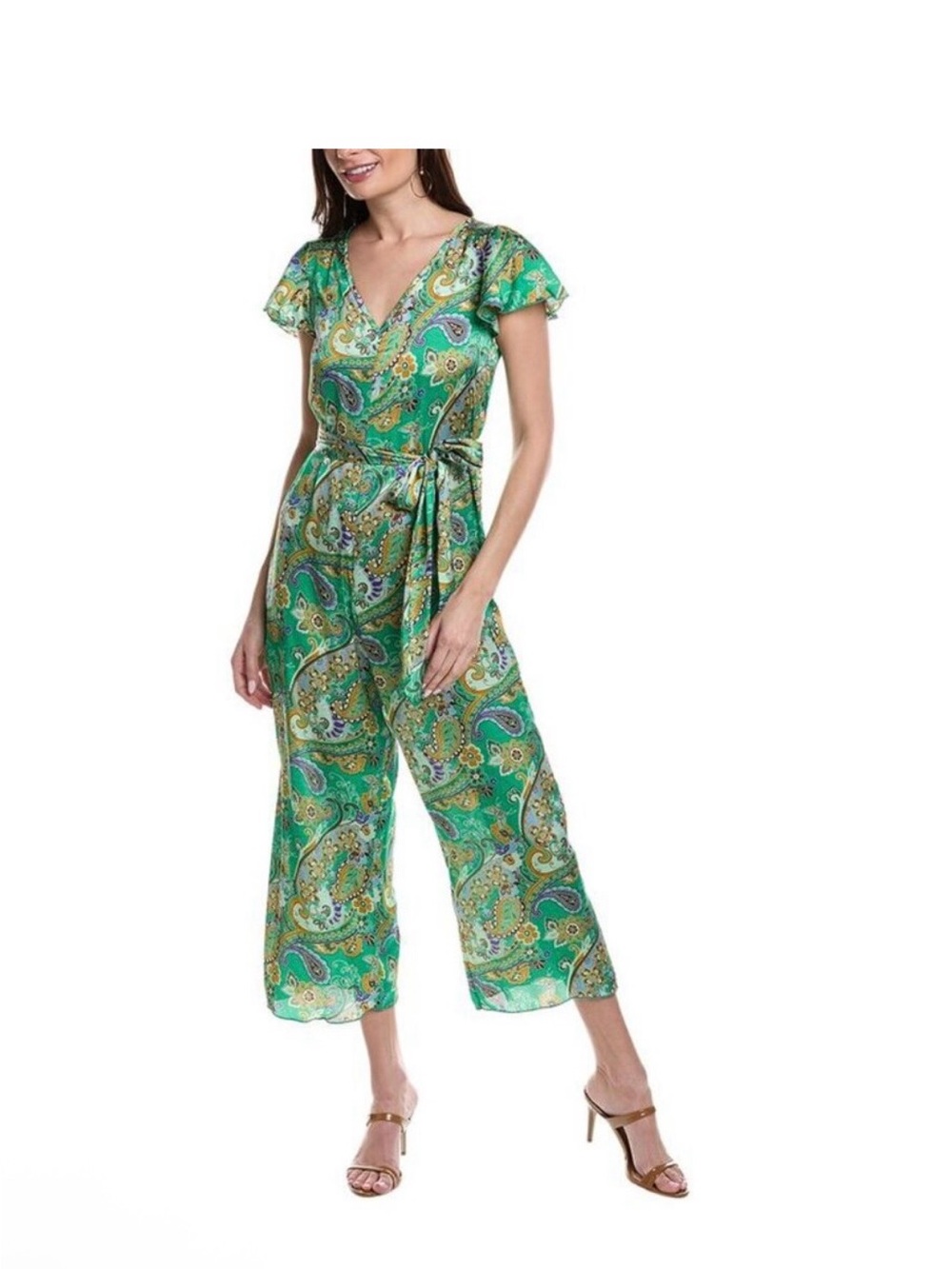 Tash + Sophie green paisley satin flutter sleeve pants romper jumpsuit size M